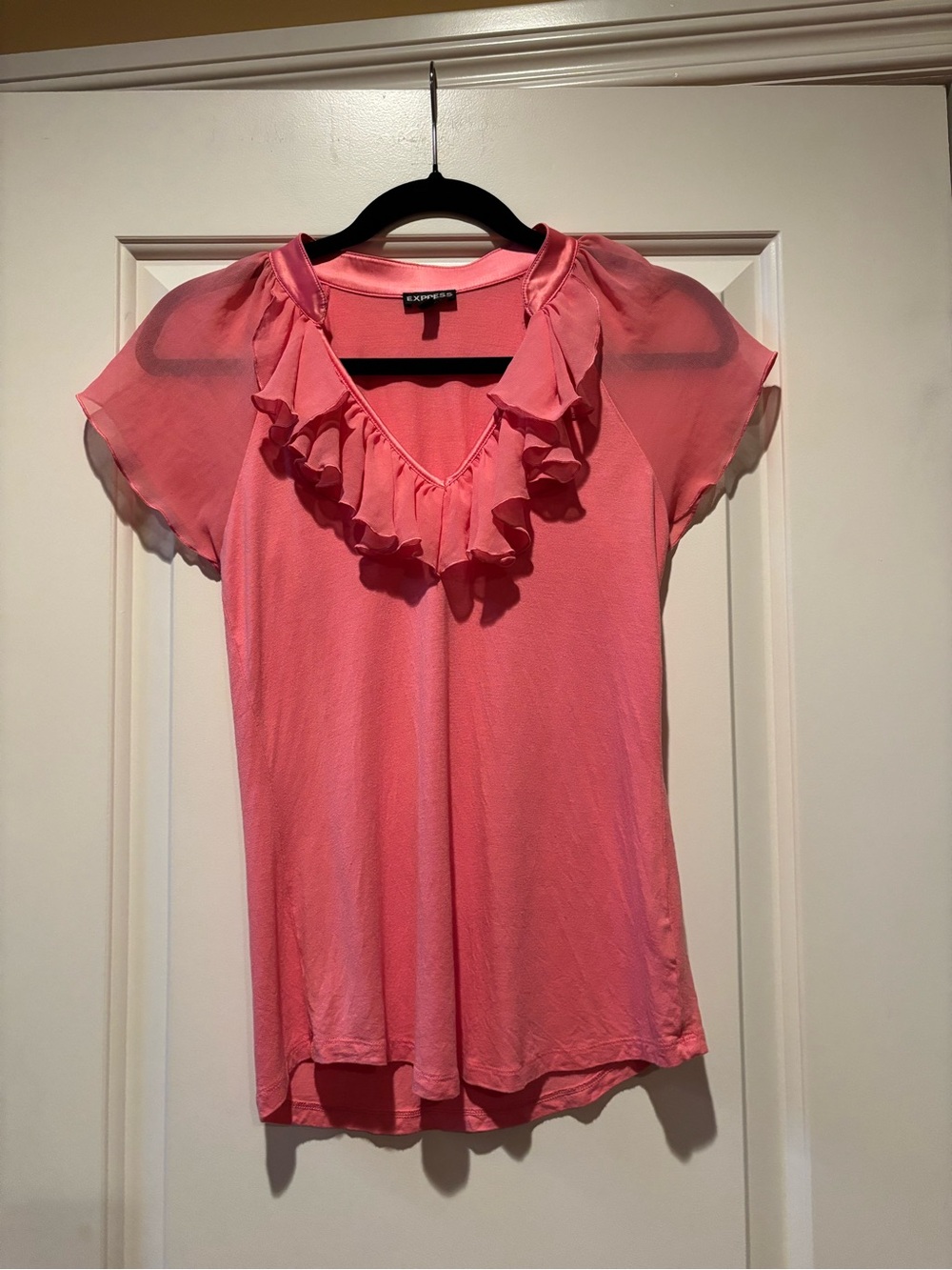 Express Coral Ruffle V-Neck Flutter Sleeve Blouse